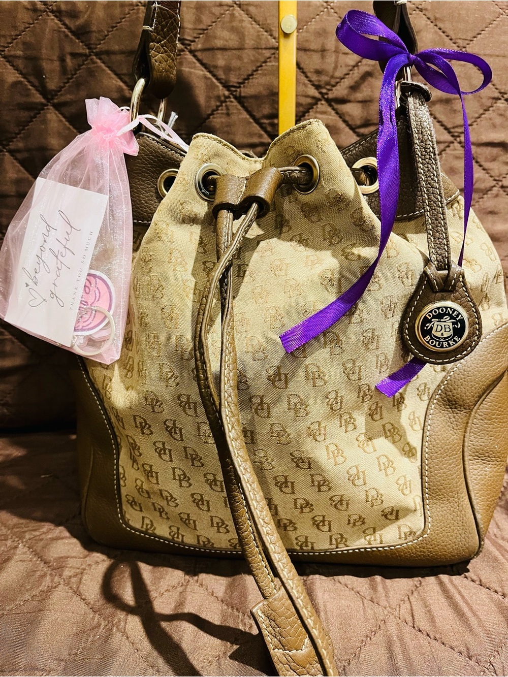 Dooney & Bourke Beige Tan Logo Drawstring Hobo